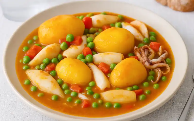 Guiso de calamares con patata y guisantes