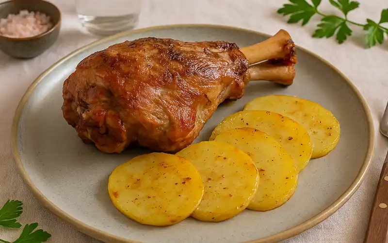 Codillo asado con patatas, receta tradicional