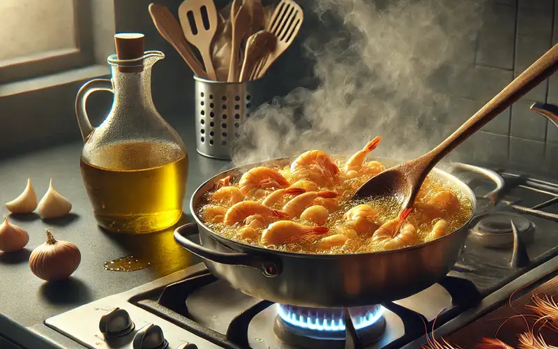 preparando el arroz de langostinos