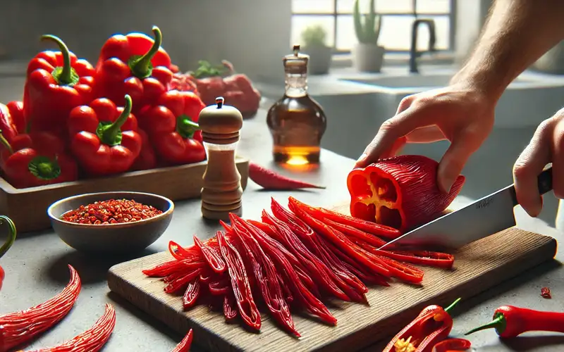 preparando los pimientos del piquillo