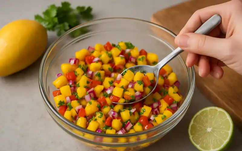 preparando la salsa de mango para los tacos