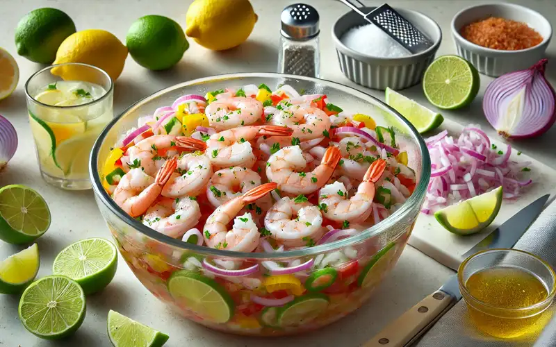 marinando los langostinos para el ceviche