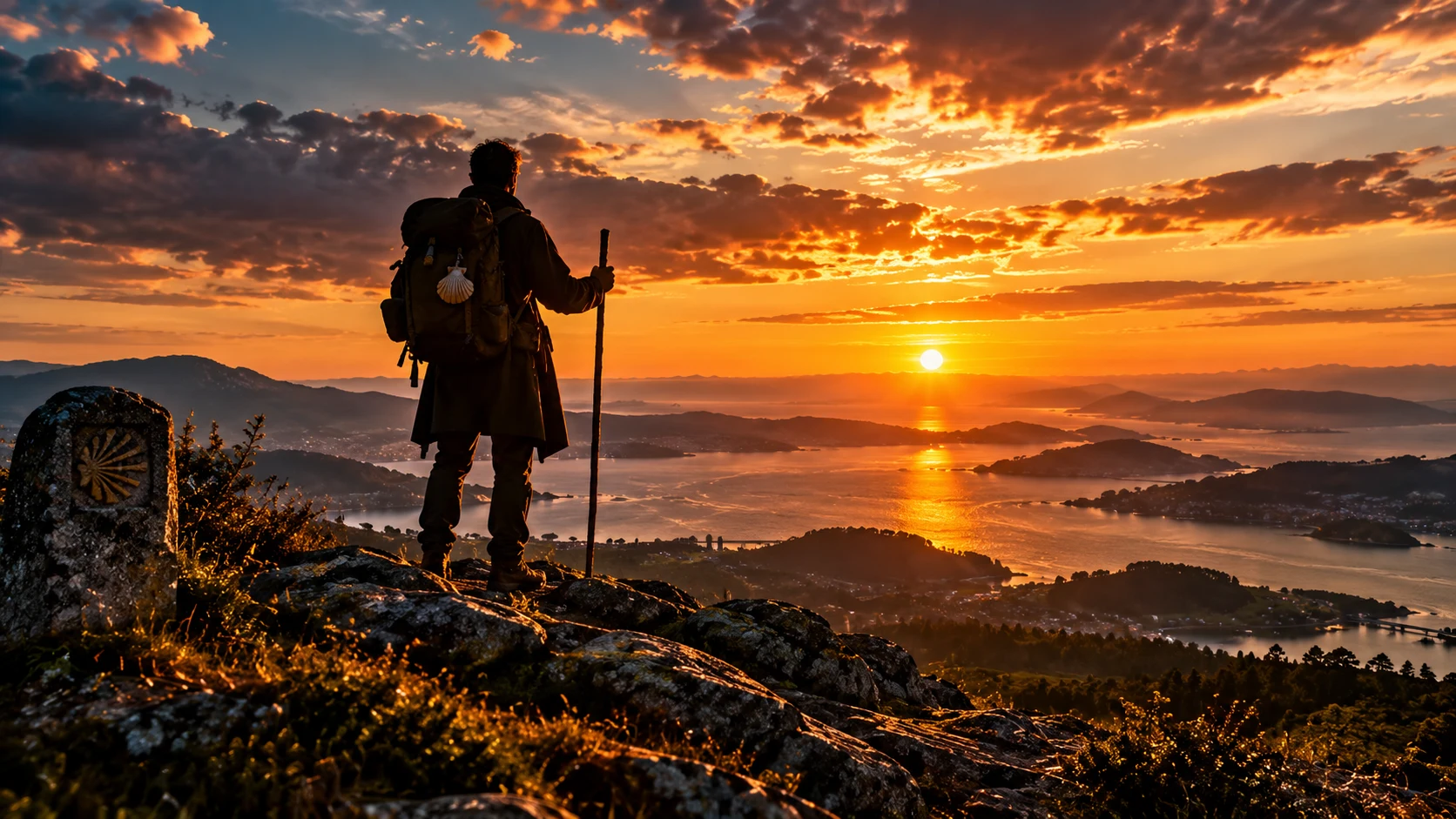 Peregrino contemplando las rías gallegas al atardecer