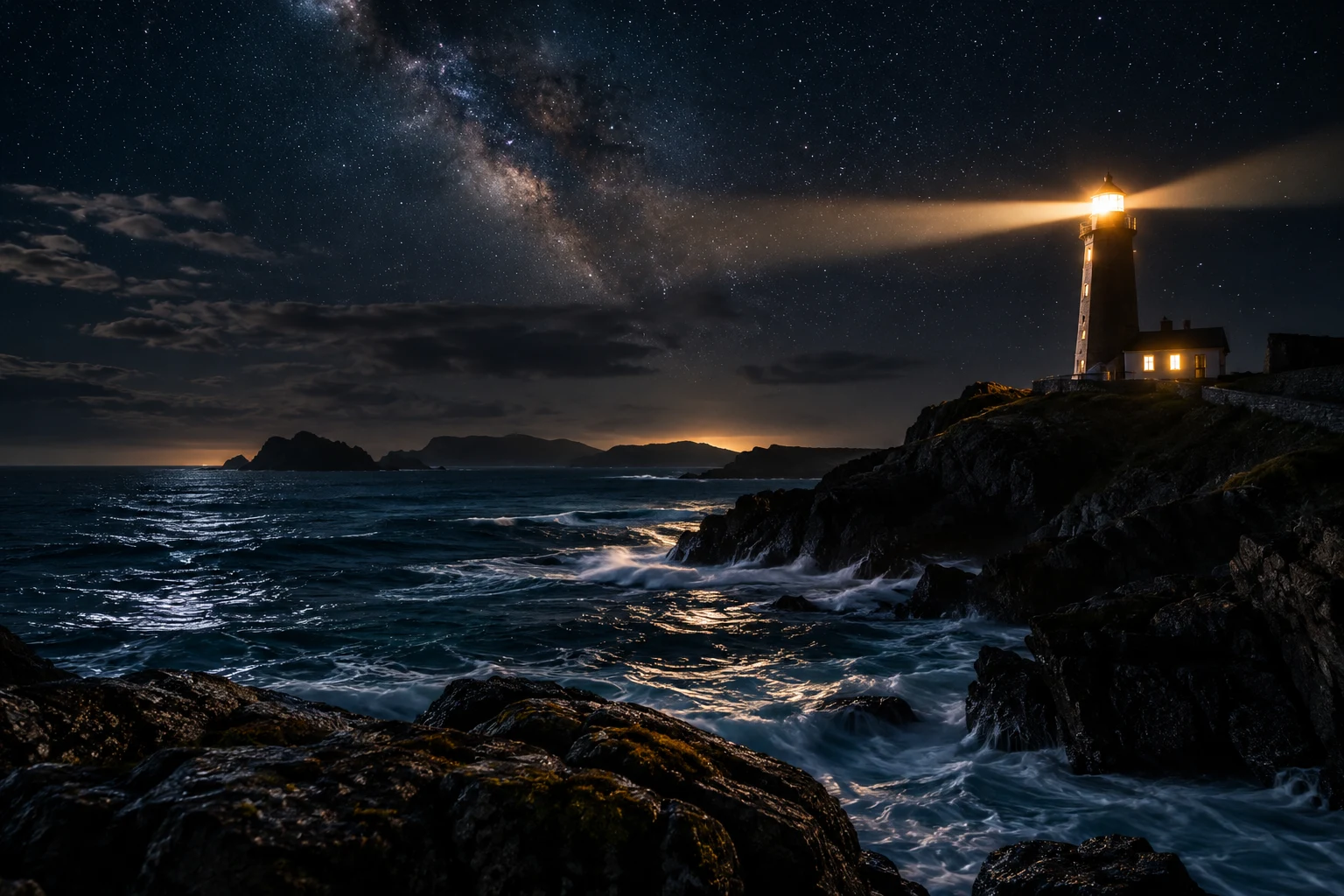 Faro iluminado junto al mar bajo un cielo estrellado