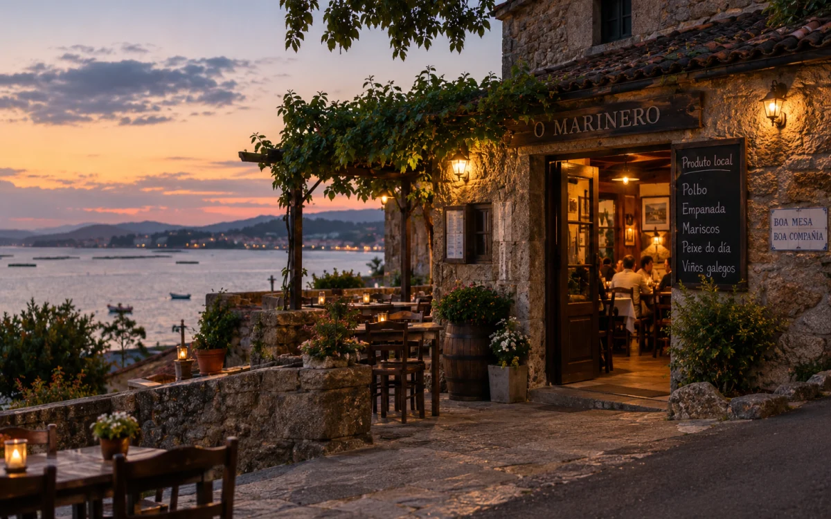 Restaurante de piedra con terraza frente a la ría al atardecer