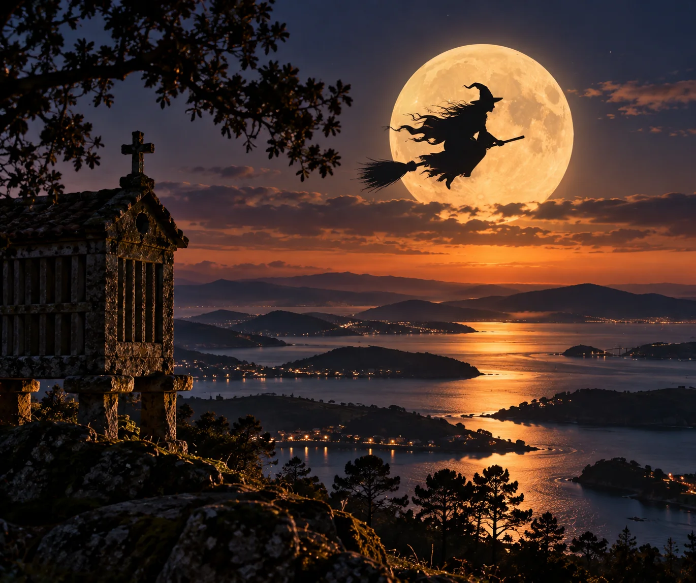 Meiga volando ante la luna sobre una ría gallega al atardecer
