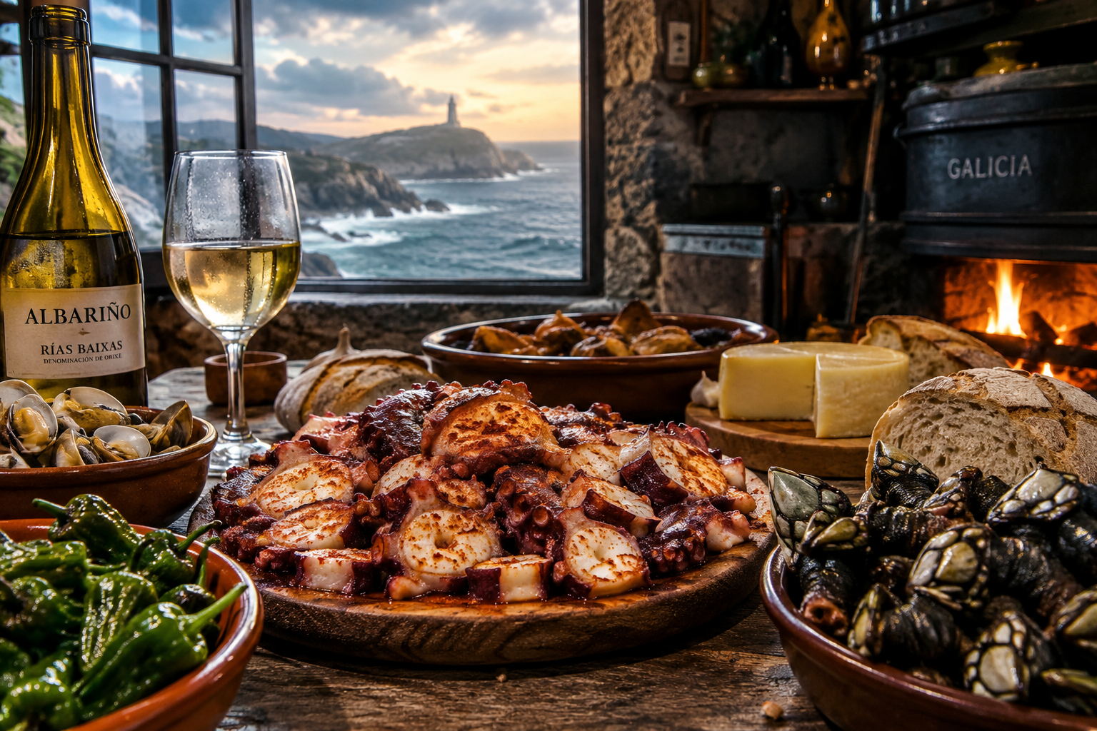 Mesa con platos de cocina gallega frente a la costa