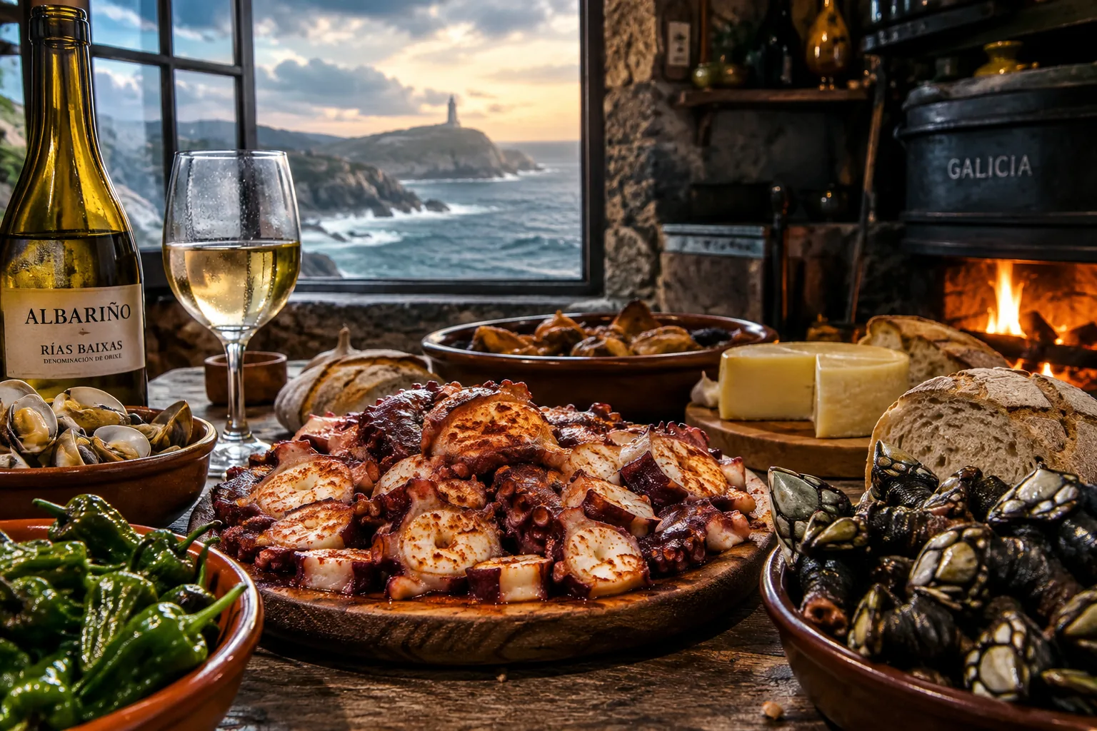 Mesa con platos de cocina gallega frente a la costa