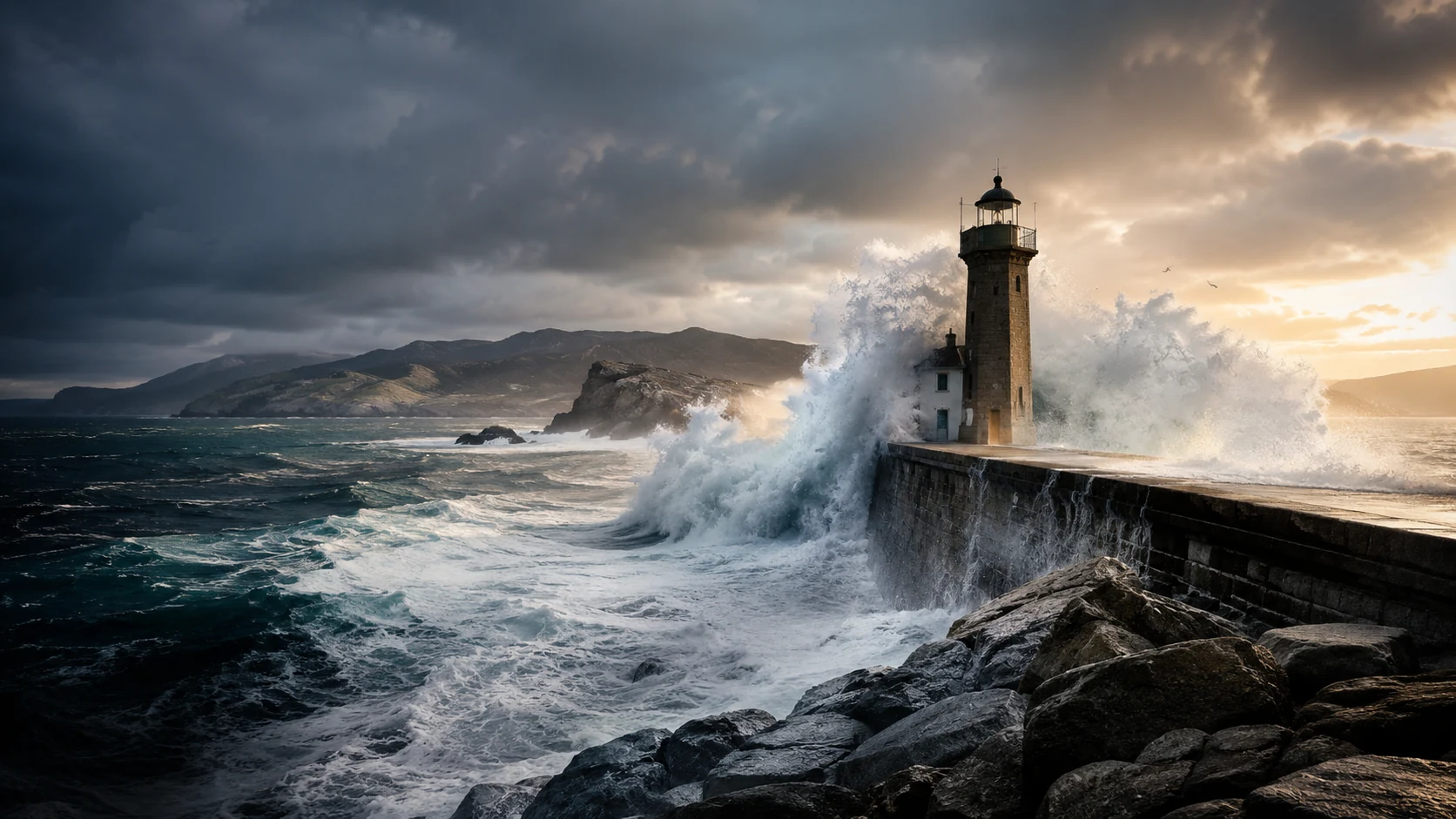 El mar rompe contra un faro de la costa gallega