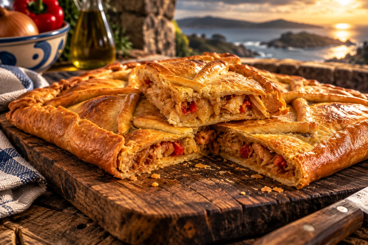 Empanada gallega recién cortada junto al mar al atardecer