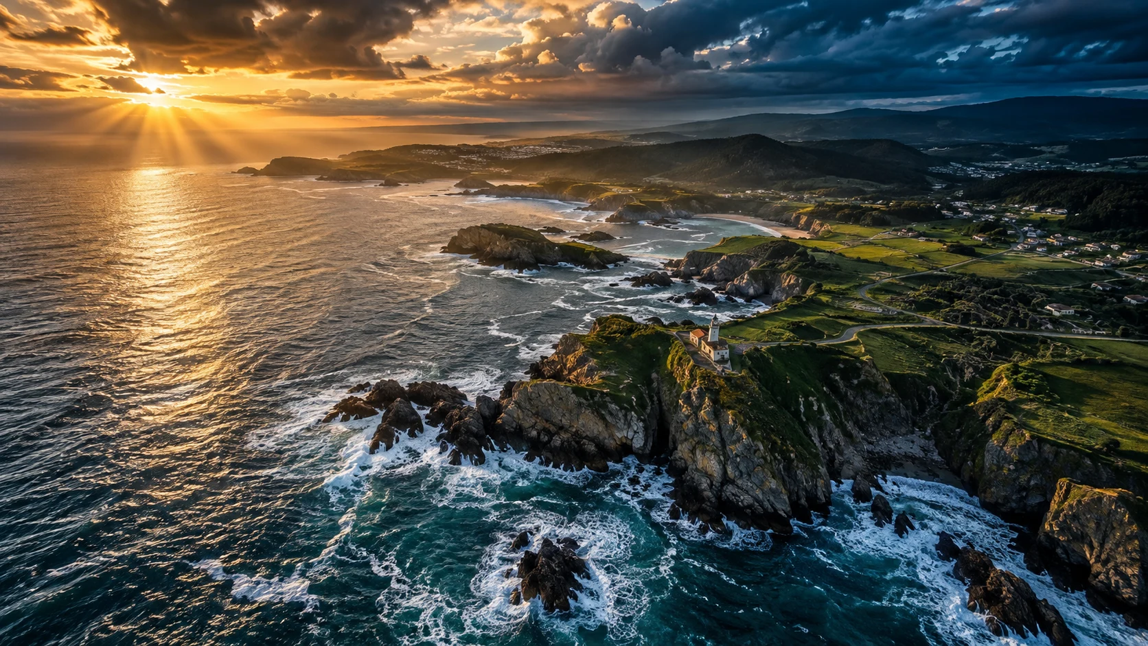 Costa de Galicia contemplada desde el aire al atardecer