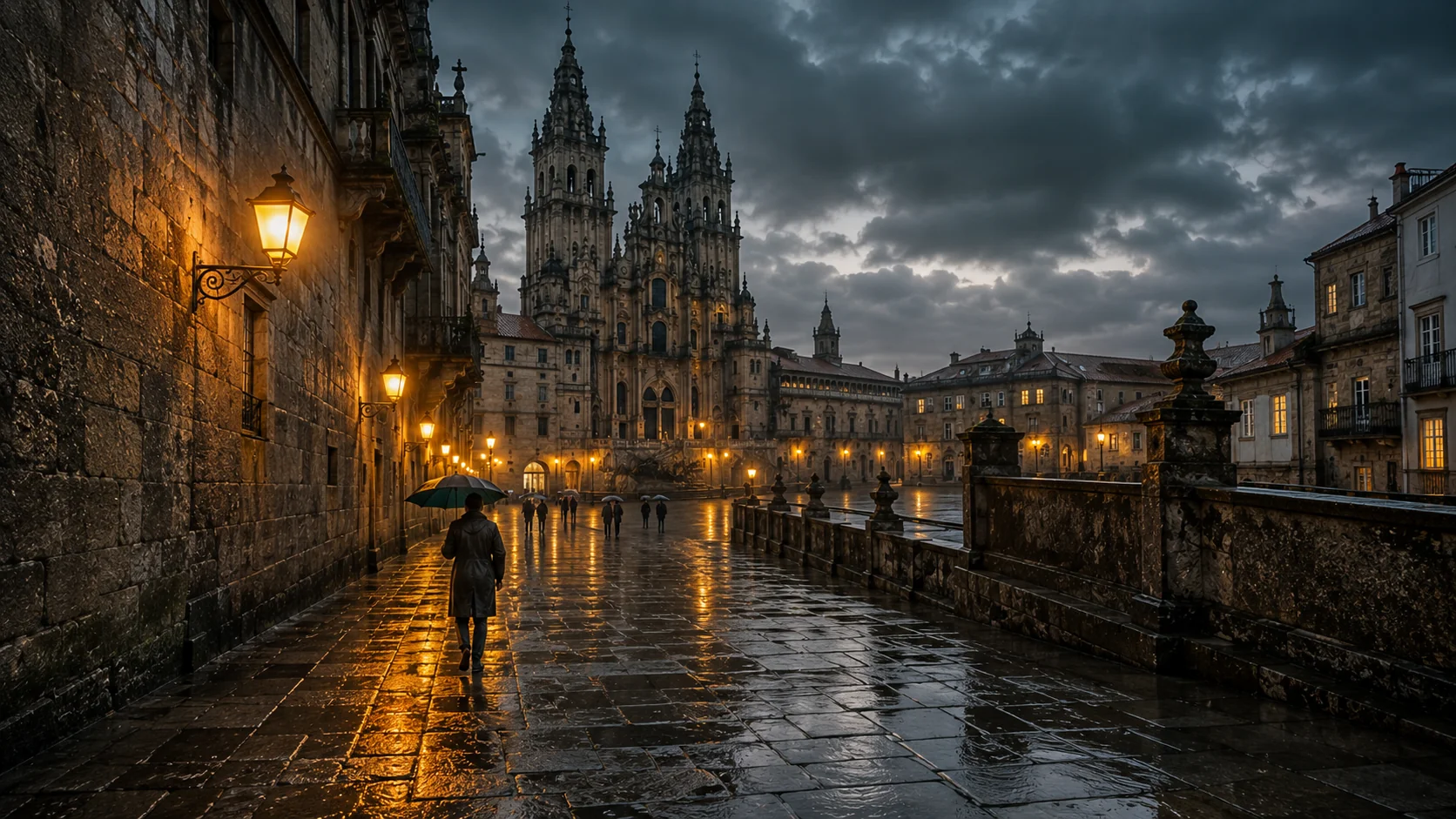 Santiago de Compostela iluminado al caer la tarde