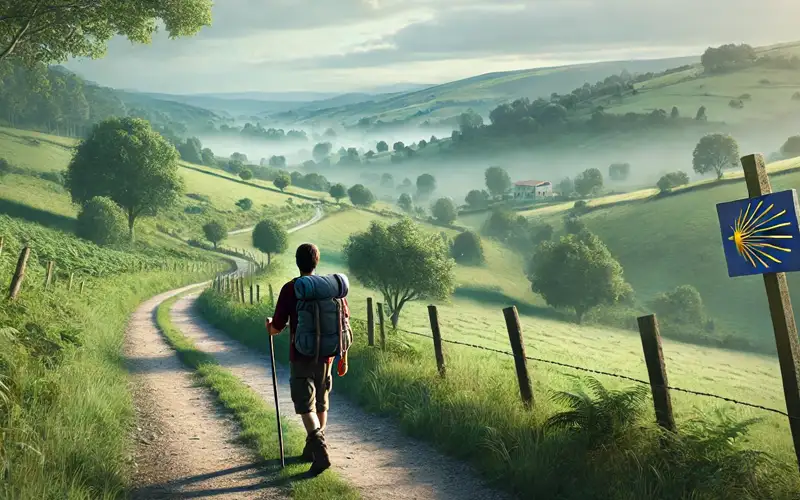 Peregrino recorriendo un camino rural señalizado con una vieira amarilla