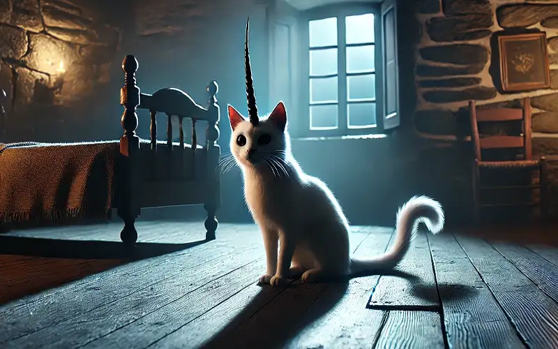 Representación de O Gatipedro, gato blanco con un cuerno negro