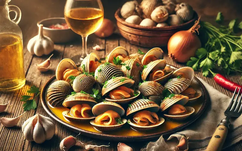 Recreación culinaria de un plato de almejas cocinadas con ajo y perejil