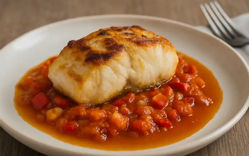 Bacalao con pimientos y tomate