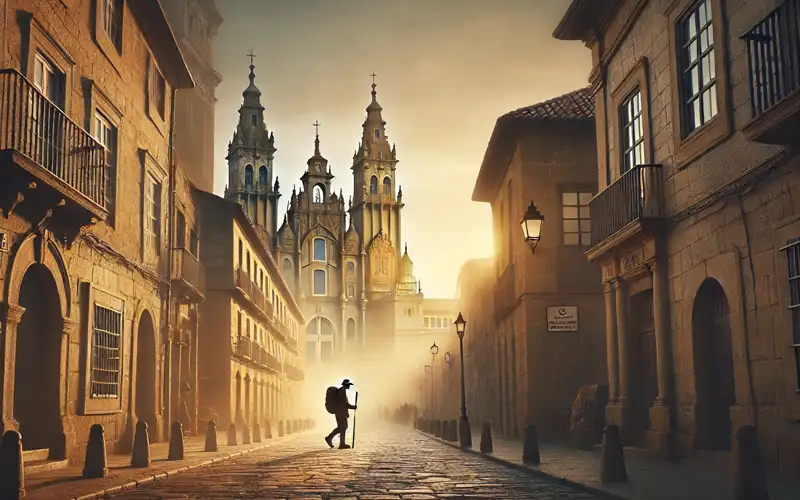 Recreación artística de un peregrino llegando a Santiago de Compostela