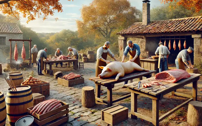 Representación de la preparación de carne de cerdo en una casa gallega durante el invierno