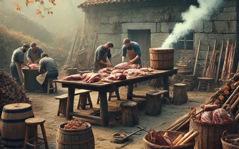 Representación de una matanza do porco tradicional en una casa rural gallega