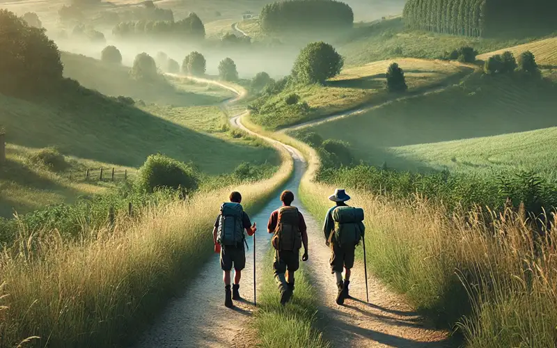 Tres peregrinos caminando juntos por una pista rural