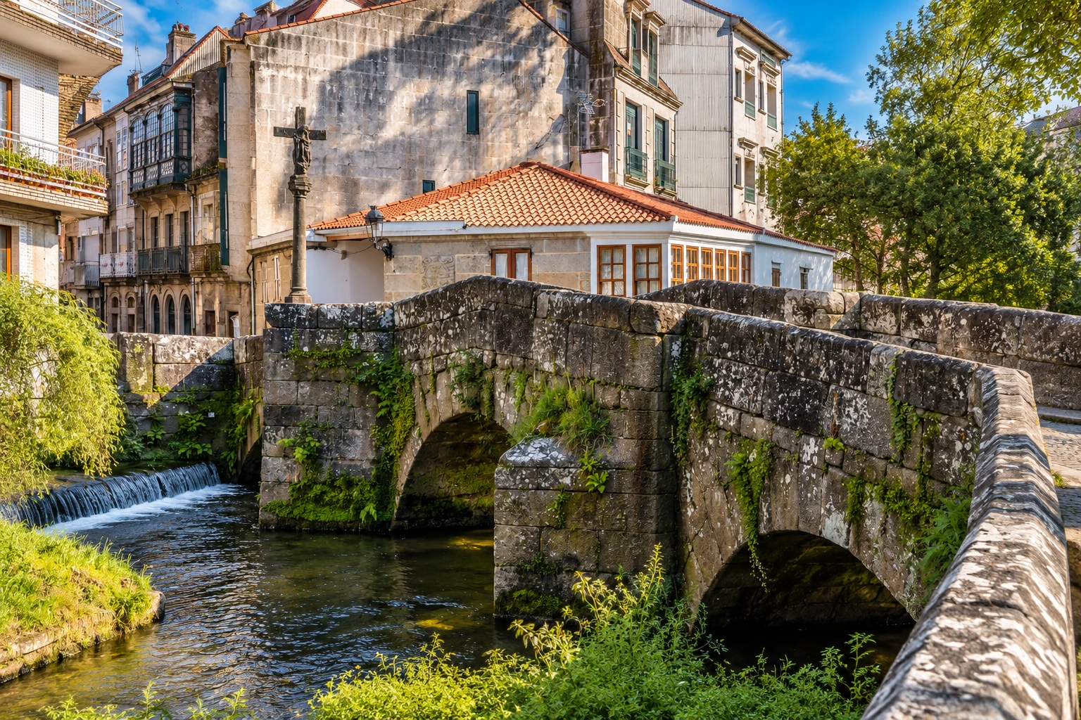 Puente de piedra sobre el río Bermaña y cruceiro en Caldas de Reis