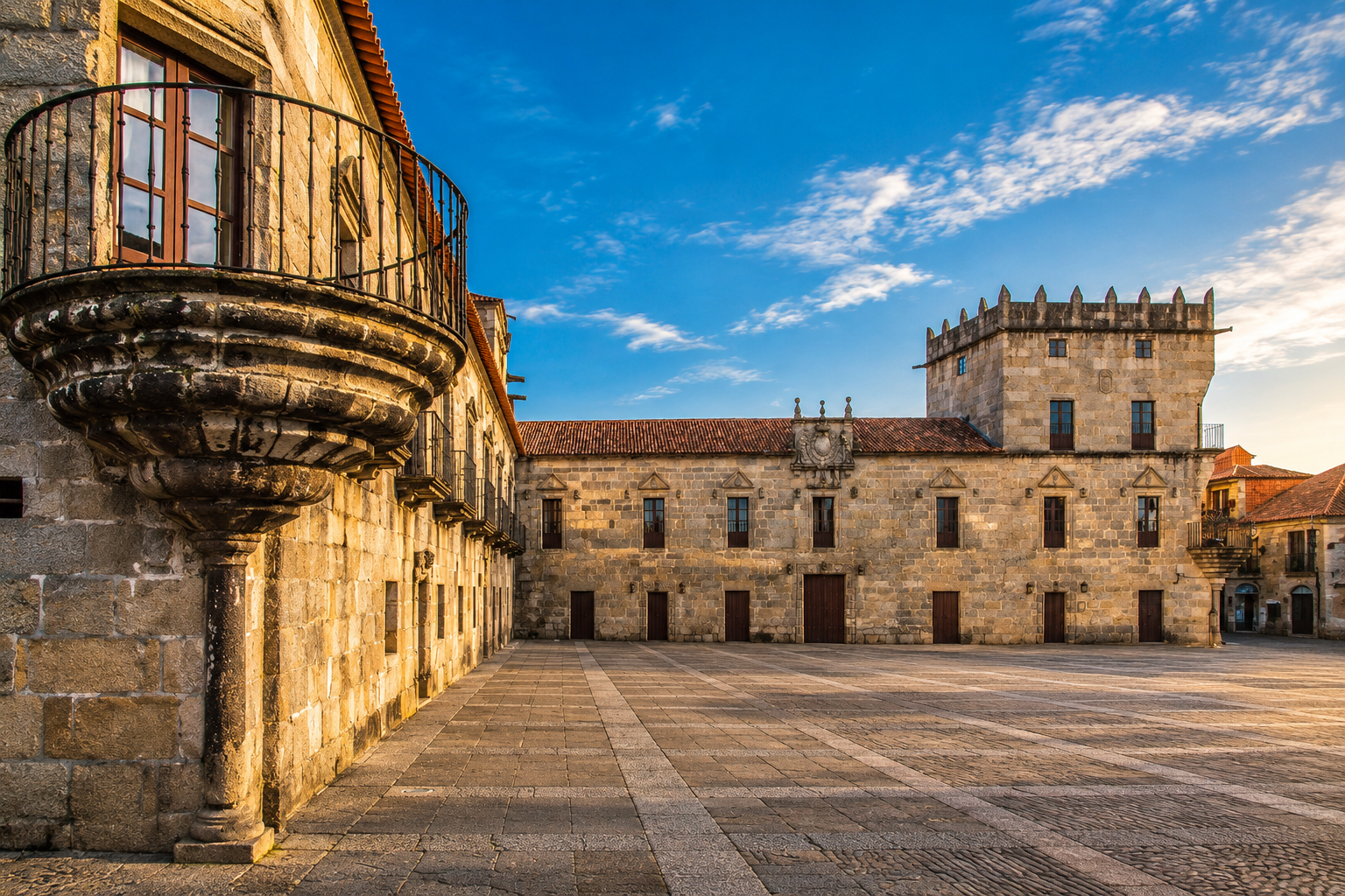 Fachada de piedra y balcón circular del pazo de Fefiñáns, en Cambados