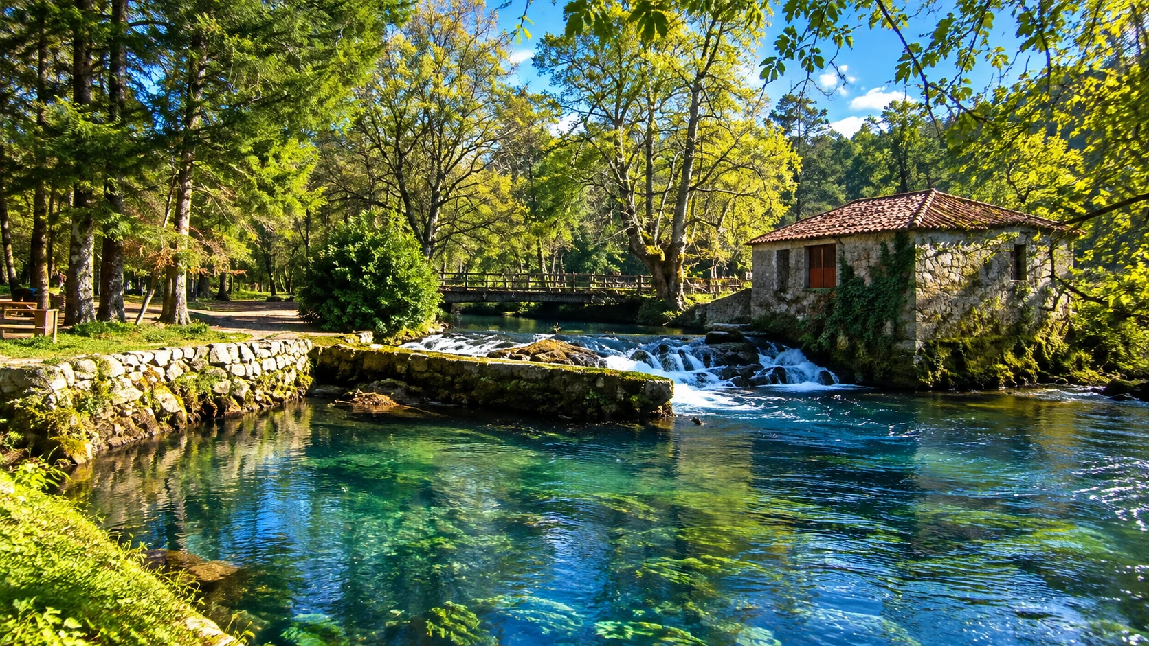 Construcción de piedra junto a un río con pequeños saltos de agua y arbolado de ribera