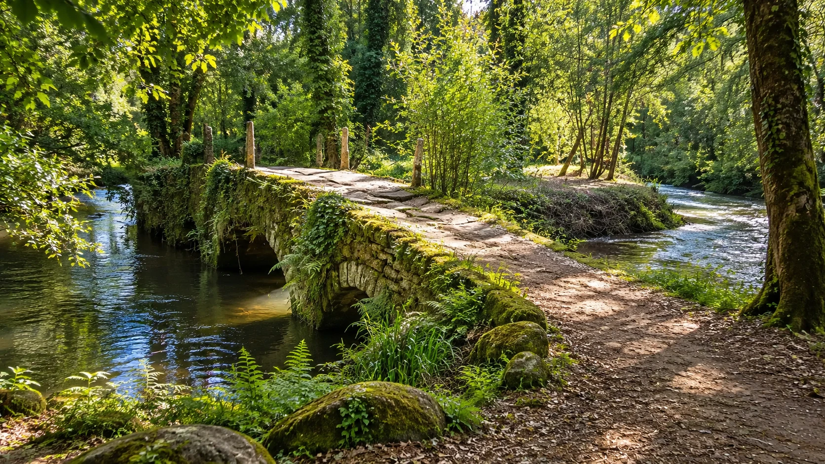 Puente de piedra cubierto de musgo sobre un río entre árboles