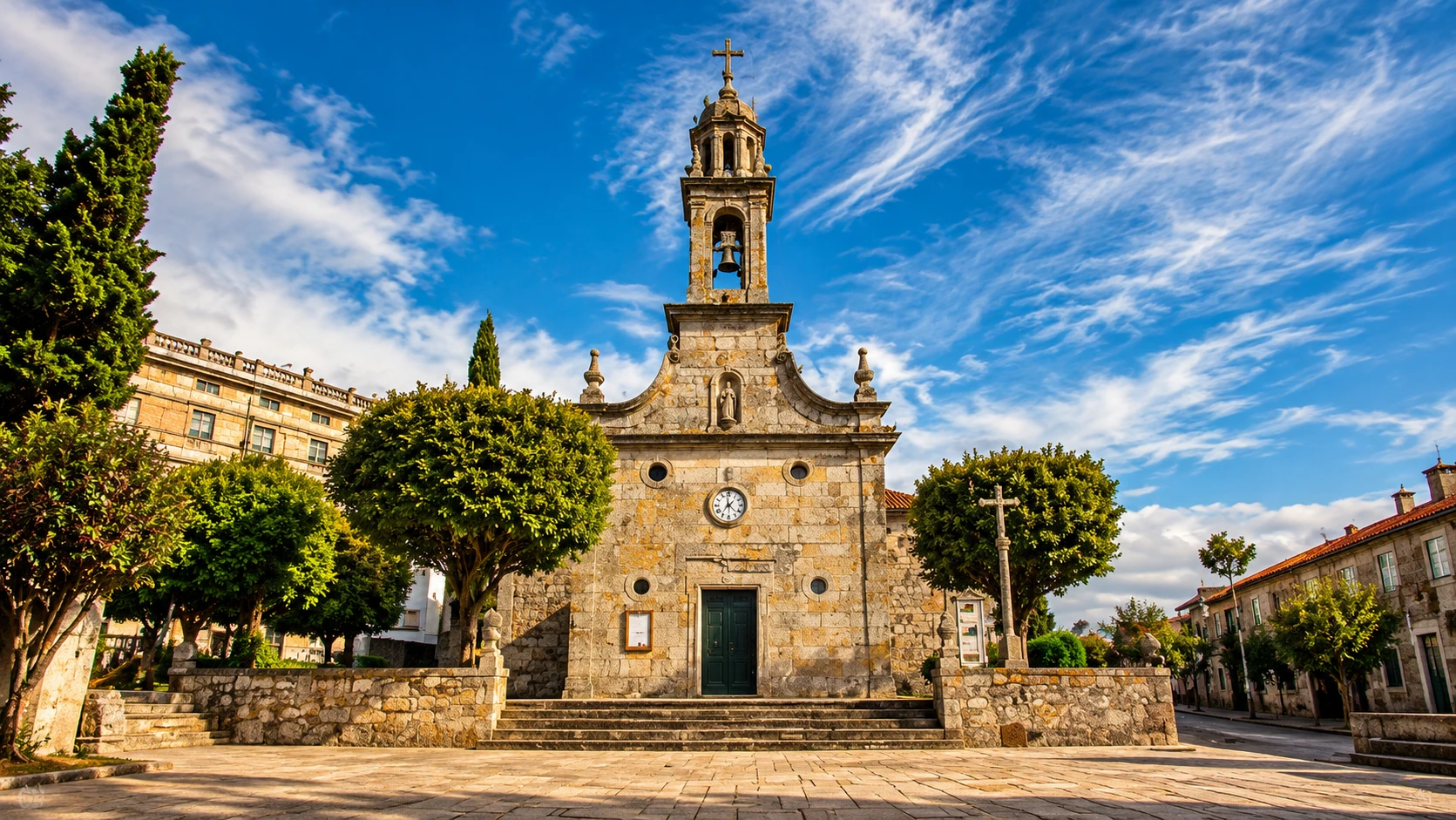 Iglesia de piedra con campanario, escalinata y cruceiro junto a una plaza arbolada