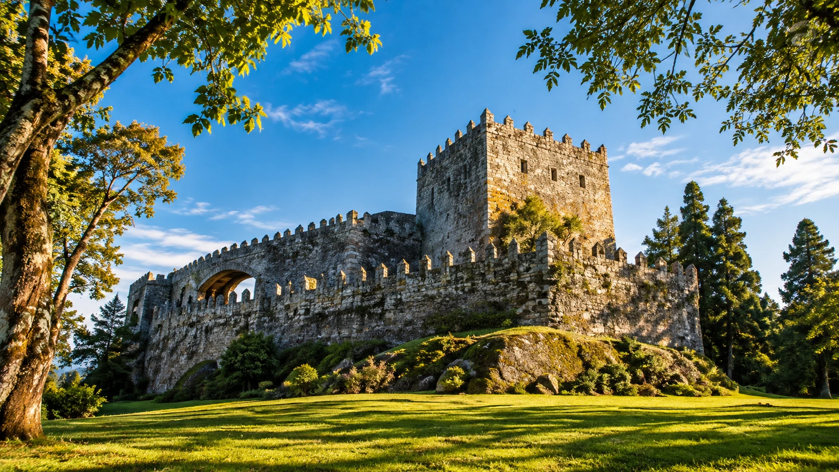 Castillo de Soutomaior, con sus torres y murallas de piedra rodeadas de jardines