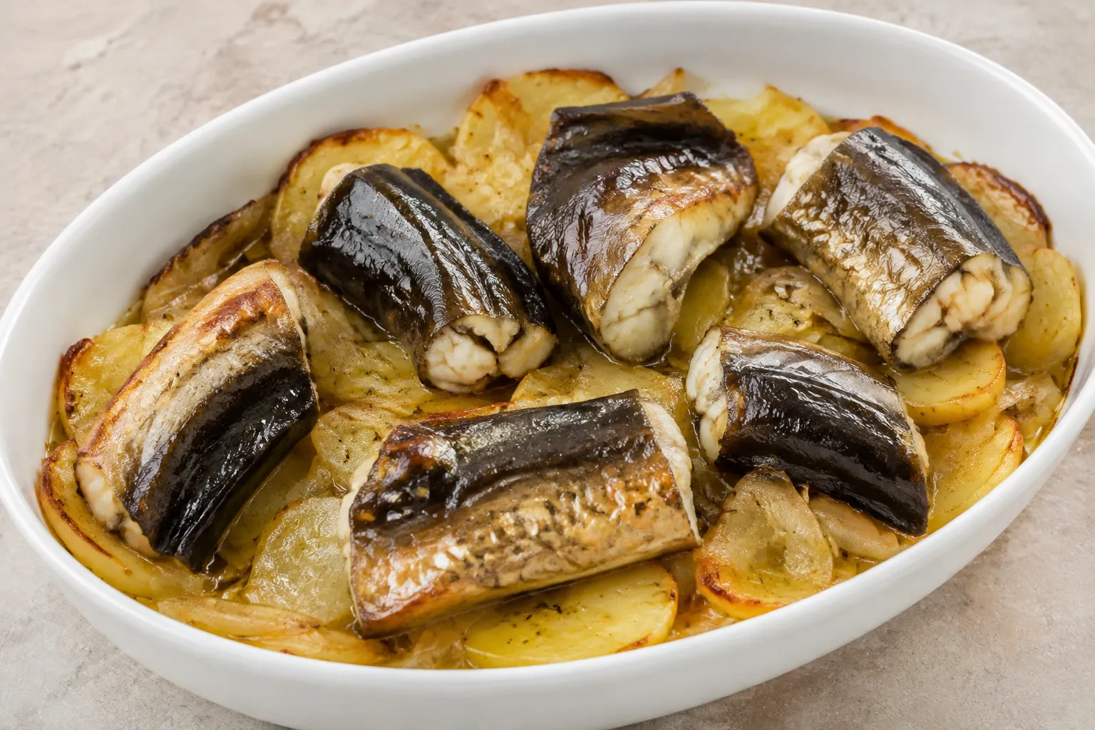 Anguila al horno con patatas y cebolla