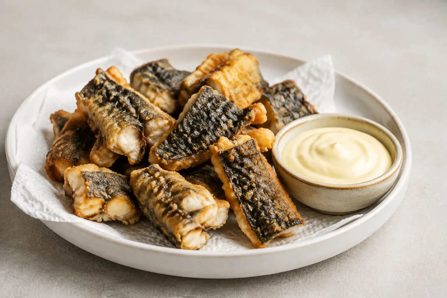 Anguila frita con piel y alioli