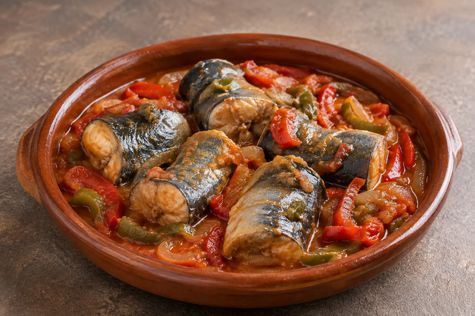 Anguila a la cazuela con tomate y pimiento