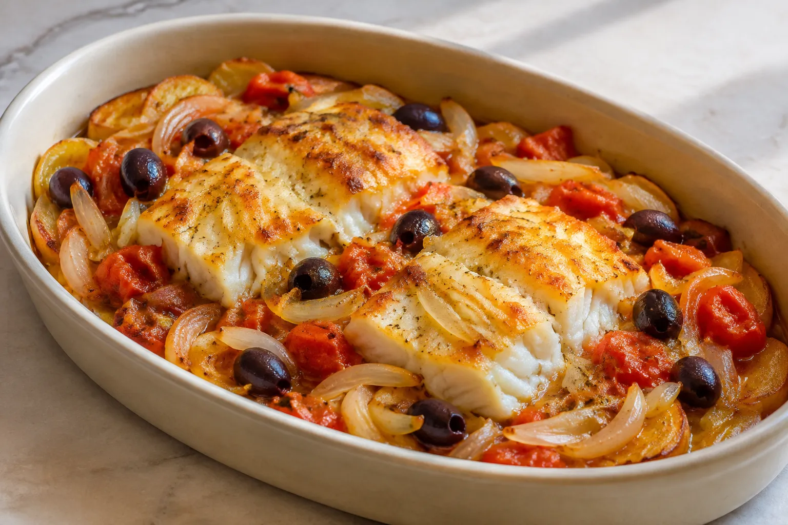 Bacalao a la portuguesa con cebolla, tomate y aceitunas
