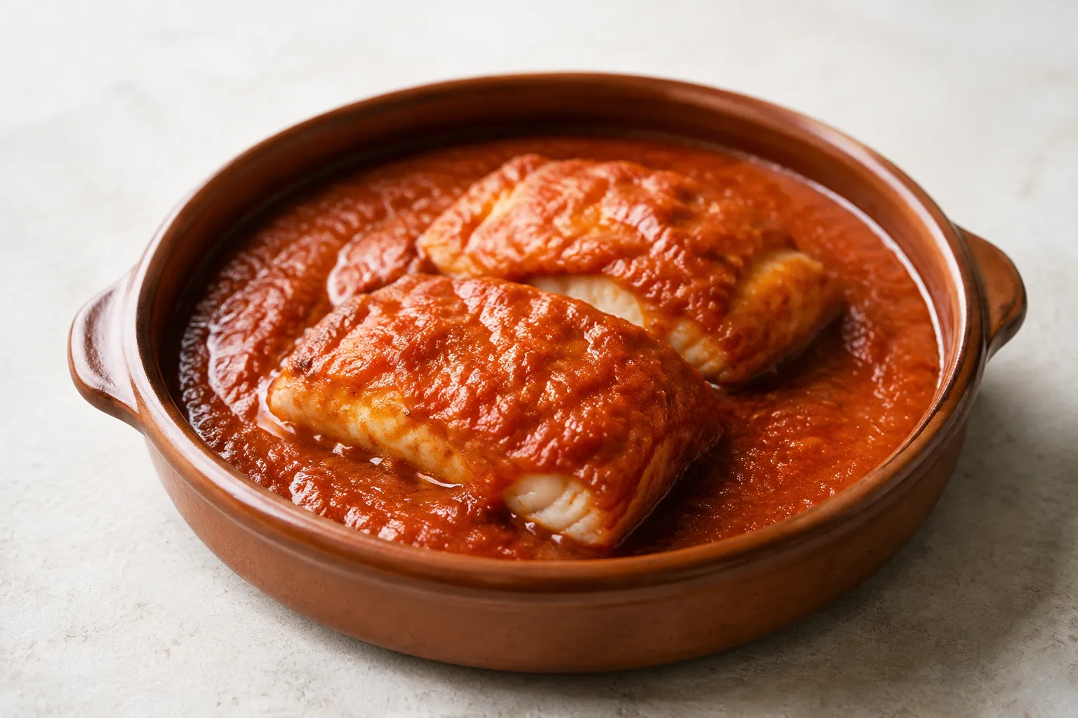 Bacalao a la vizcaína con salsa de tomate y pimientos