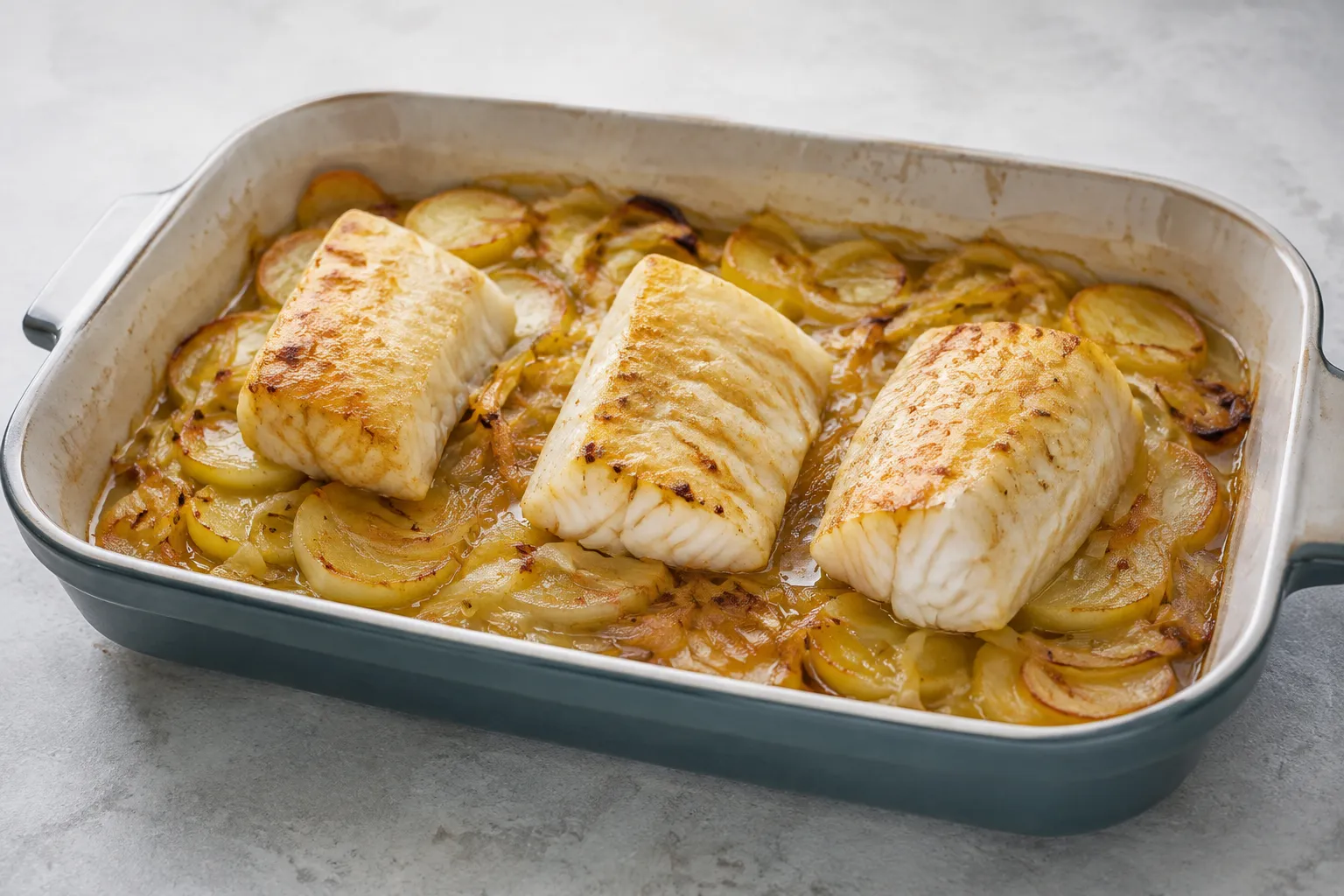Bacalao al horno con patatas y cebolla