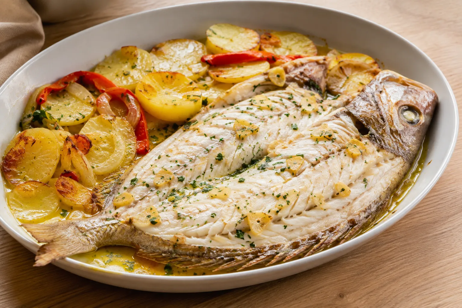 Besugo al horno con patatas y verduras