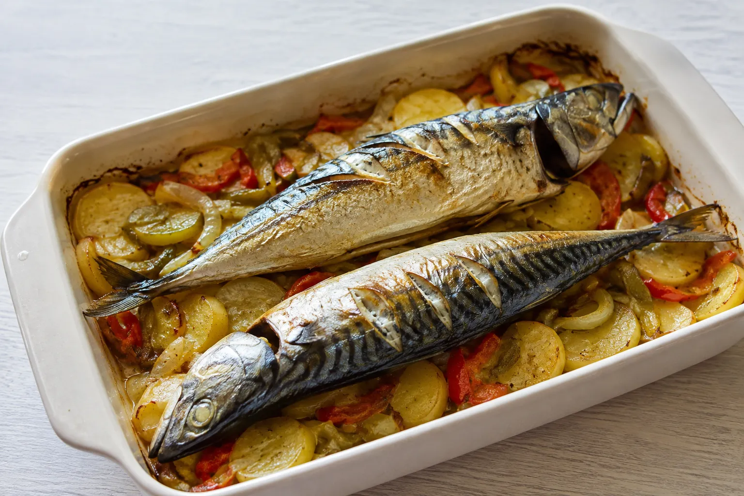 Caballa al horno con patatas y verduras