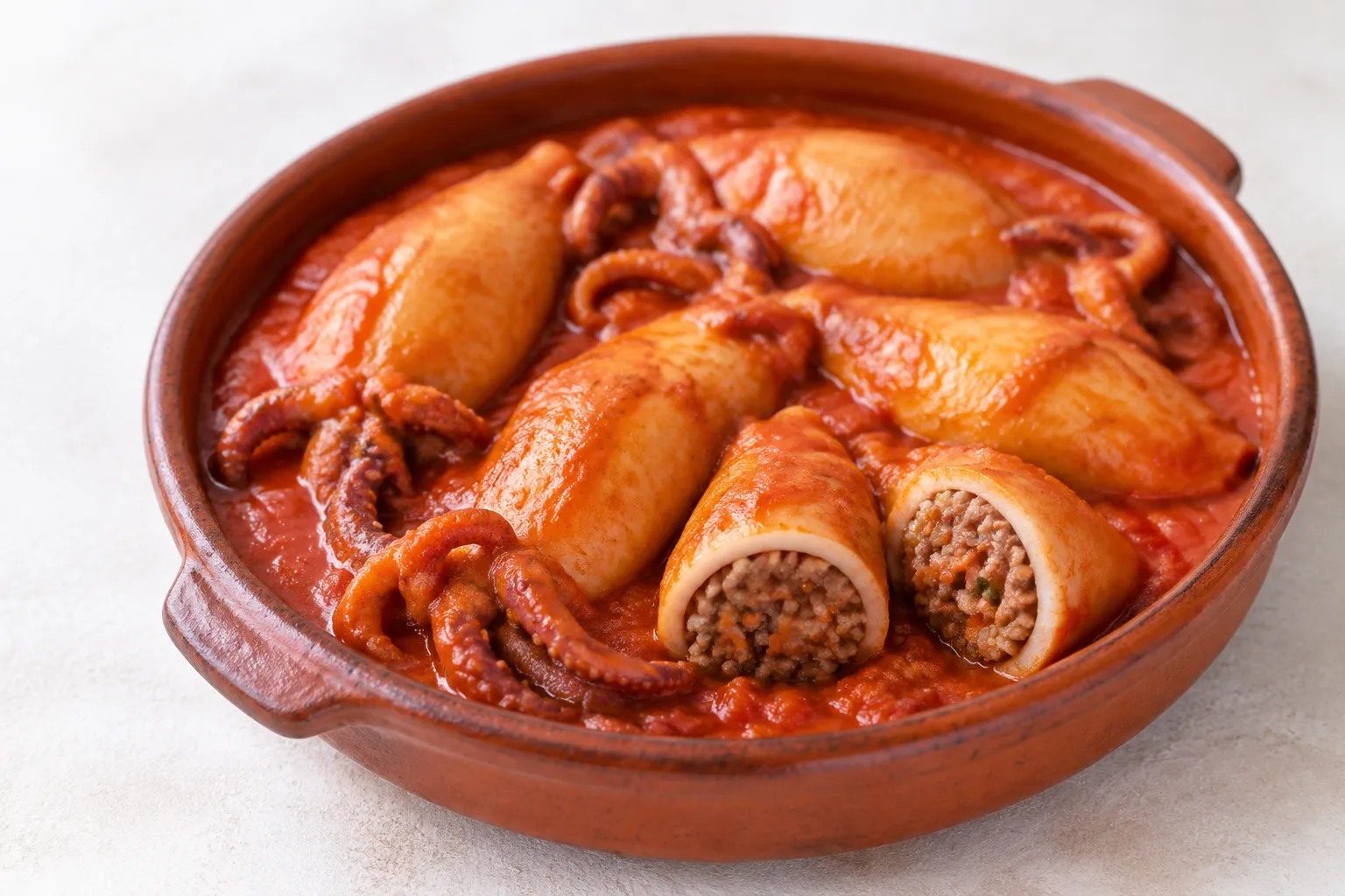 Calamares rellenos de carne y verduras en salsa de tomate