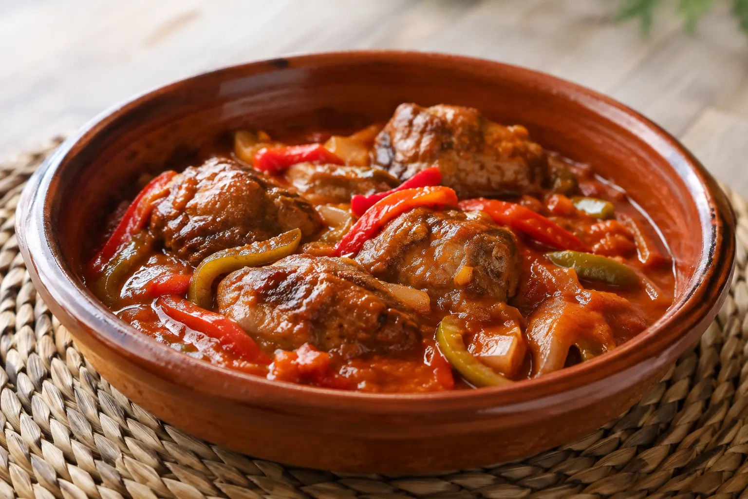 Carrilleras de cerdo en salsa de tomate y pimientos