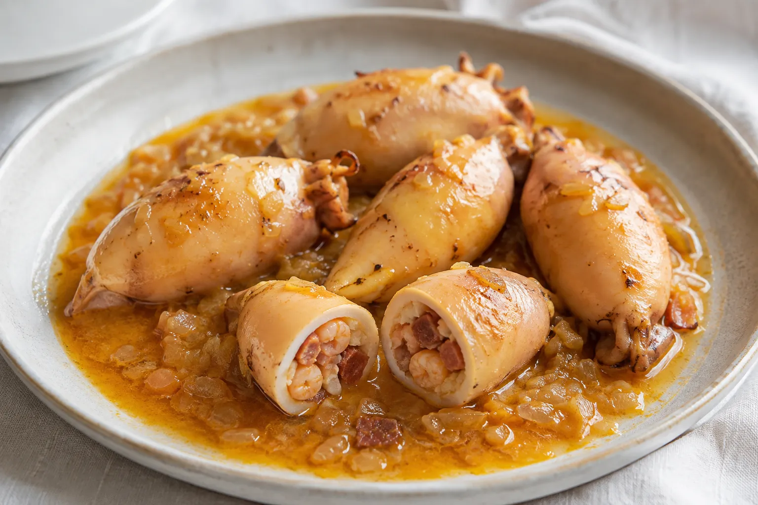 Chipirones rellenos de gambas y jamon