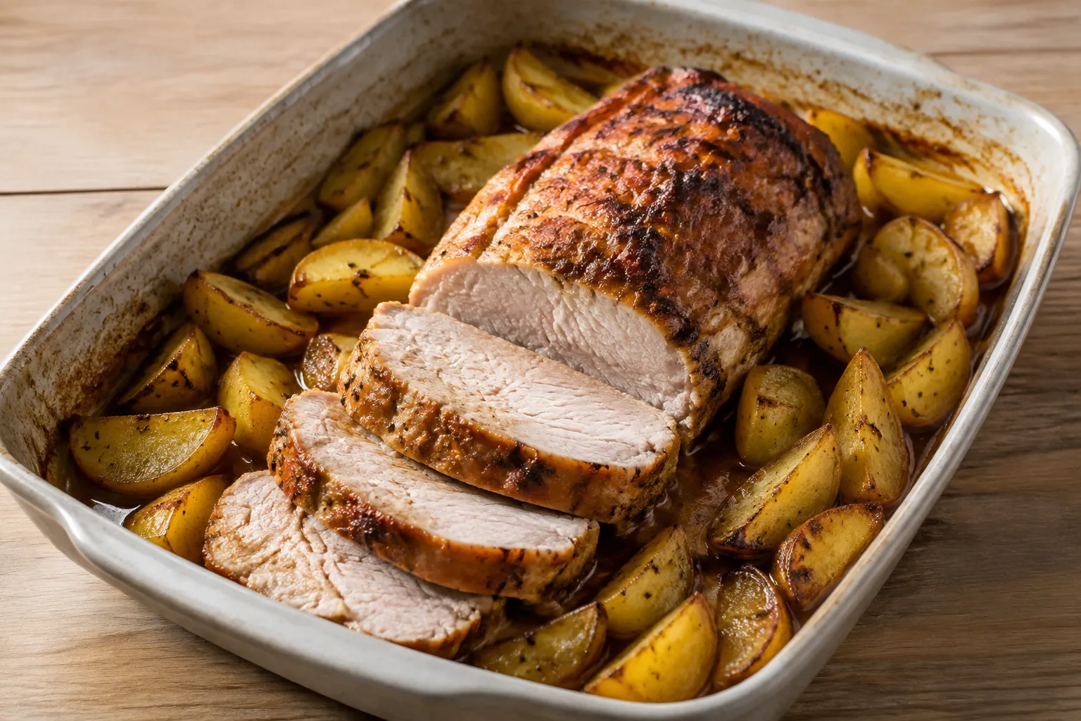 Cinta de lomo de cerdo al horno con patatas