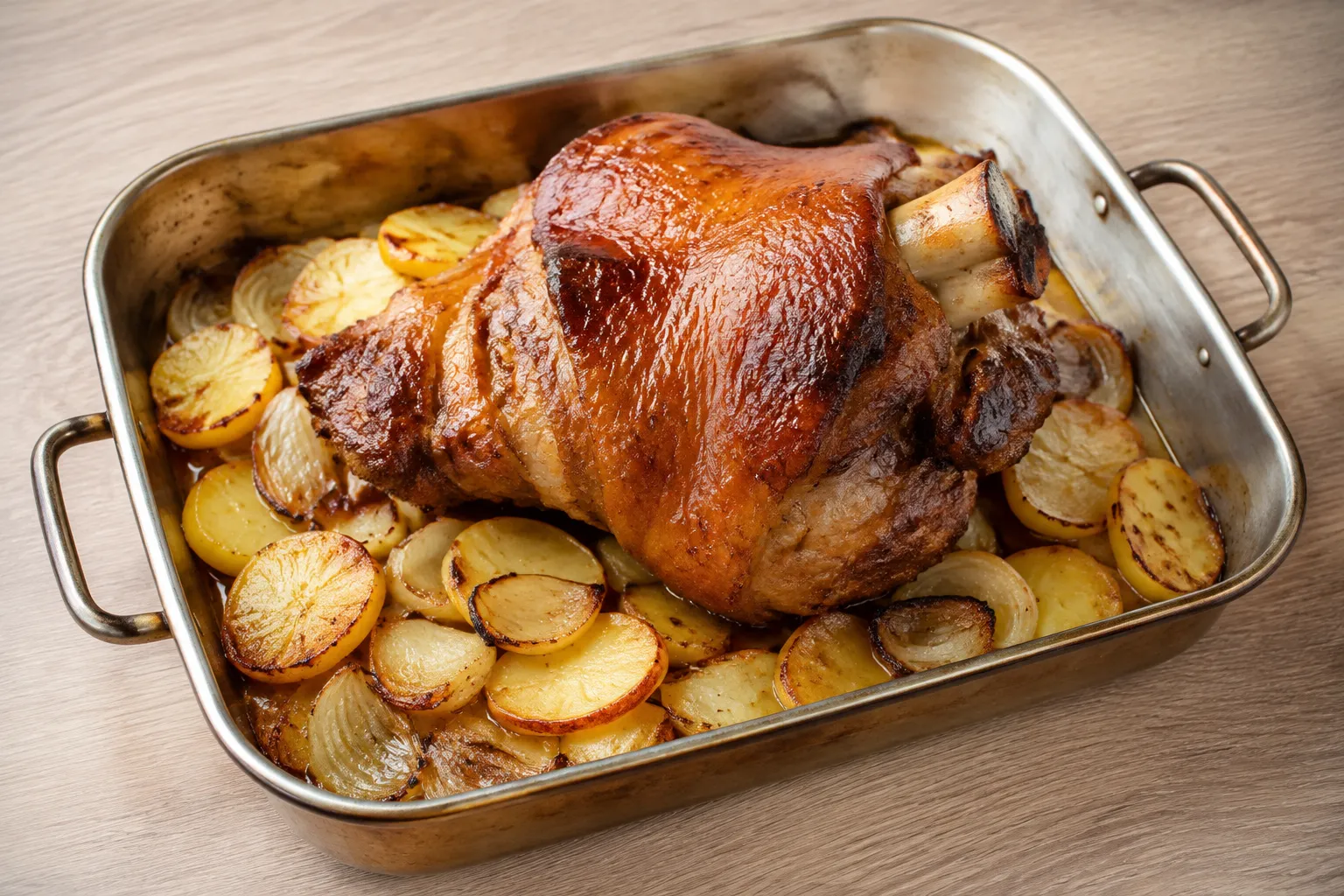 Codillo de cerdo asado al horno con patatas y cebolla