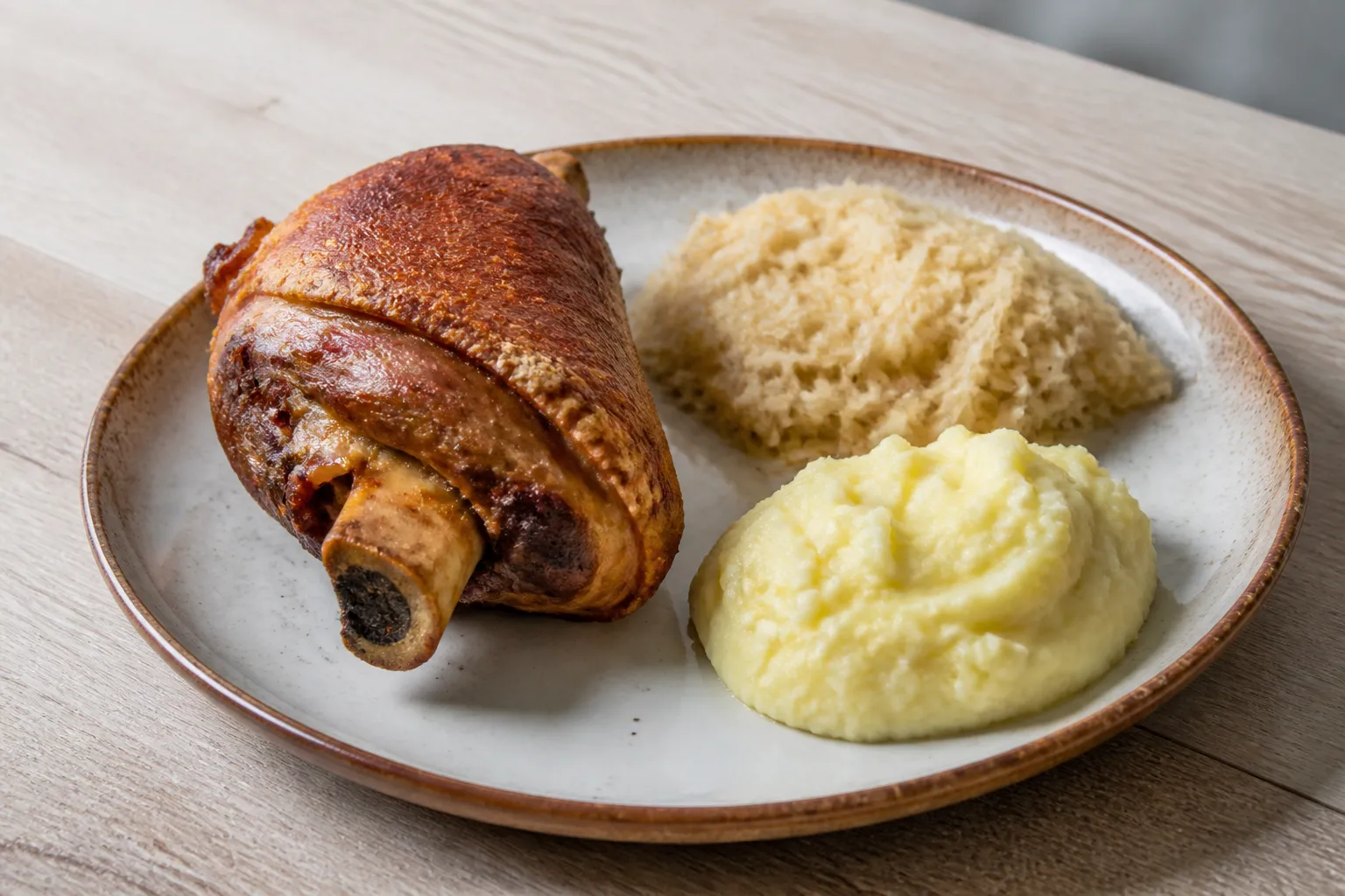 Codillo asado con chucrut y puré de patata