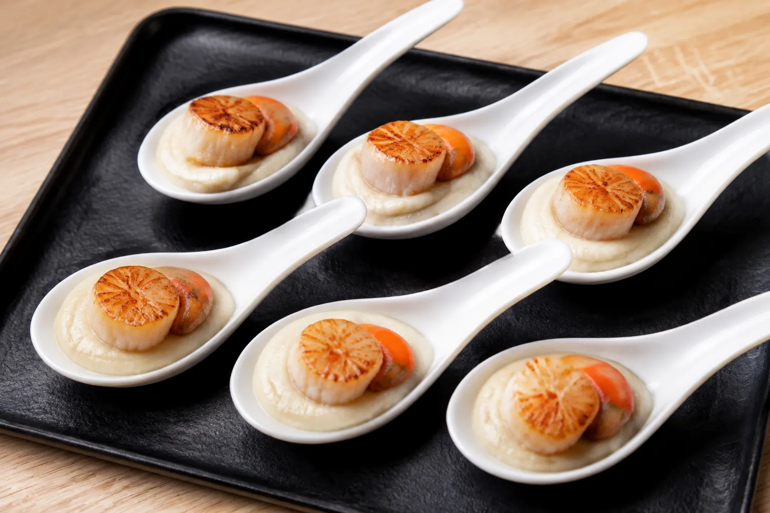 Imagen de la receta Cucharitas de zamburiñas con crema de coliflor