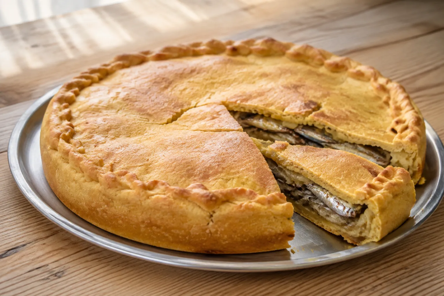 Empanada de xoubas con masa de maíz