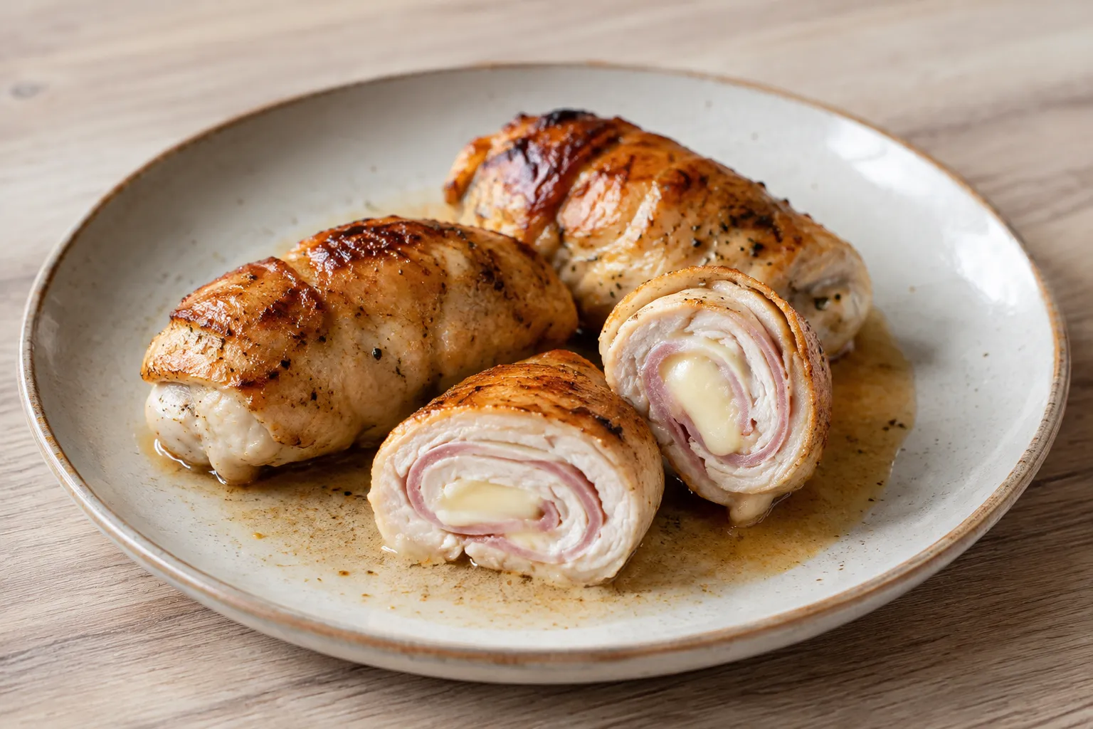 Rollitos de pollo rellenos de jamón y queso