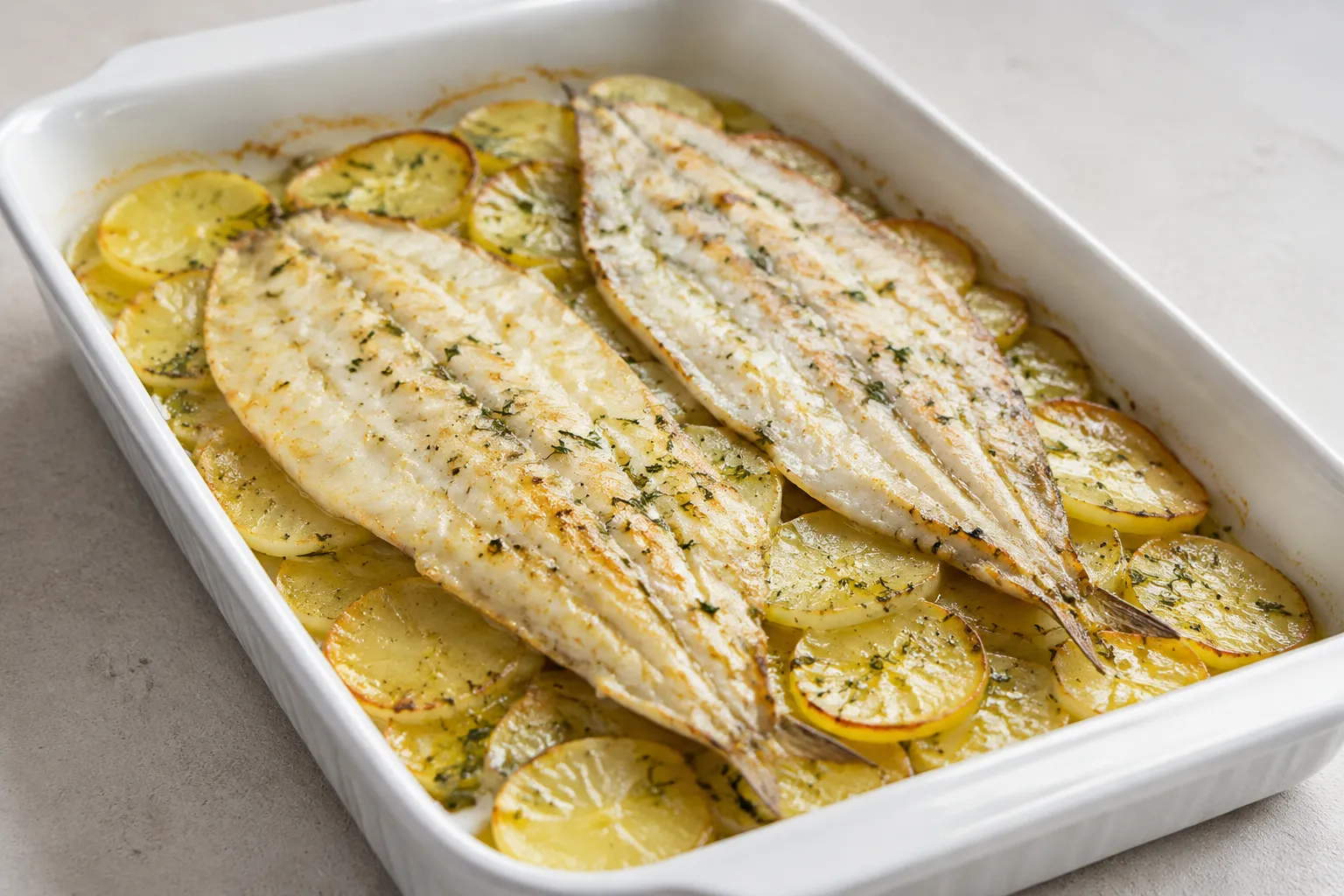 Acedia al horno con patatas y hierbas