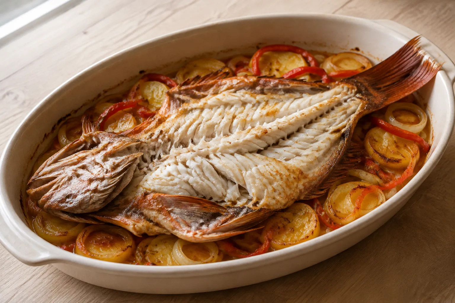 Gallo al horno con patatas y verduras