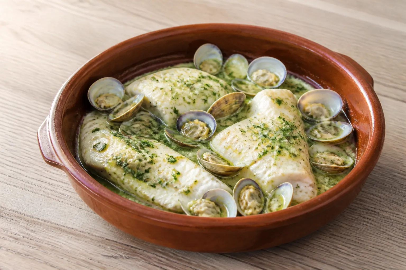 Gallo en salsa verde con almejas